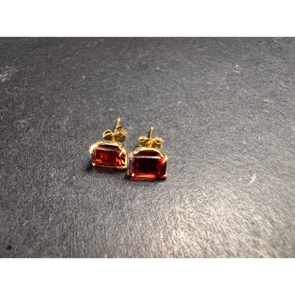 14k Gold Emerald-Cut Garnet Stud Earrings - Picture 2 of 16